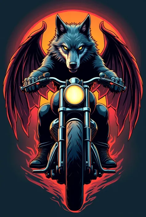 I create a logo that has the following
Wolf driving motorcycle with demon wings and car pistons in the background