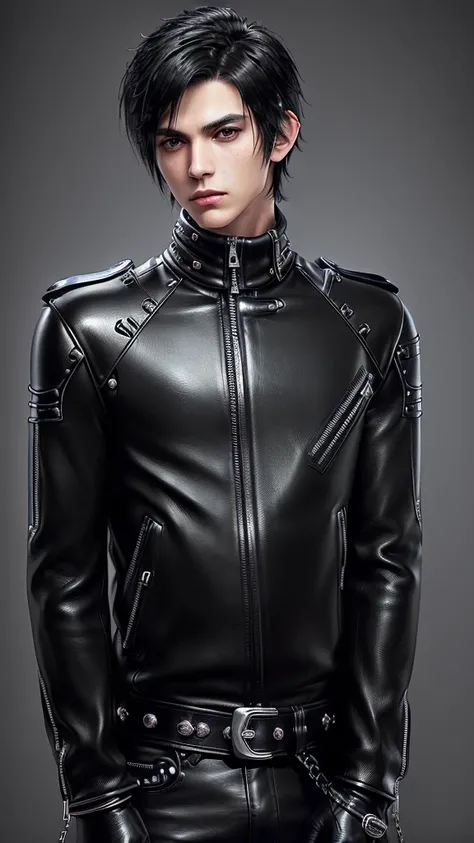 ((Final fantasy taste and reality graphics)), ((Japanese young cute and cool ikemen  boy)), his age is early 20s, thin eyebrows and beady eyes,, (((((boy wearing black color thick leather and single-brest double zipper jacket))))), ,(((((jacket is volumino...