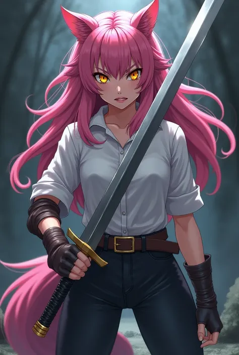  an anime werewolf girl ,  fair skin ,  pink hair,  golden eyes, white shirts,  black pants , Serious and furious expression ,  wielding a heavy sword .
