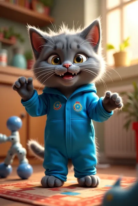 Messy messy  cat gray cat with blue jumpsuit scene a house