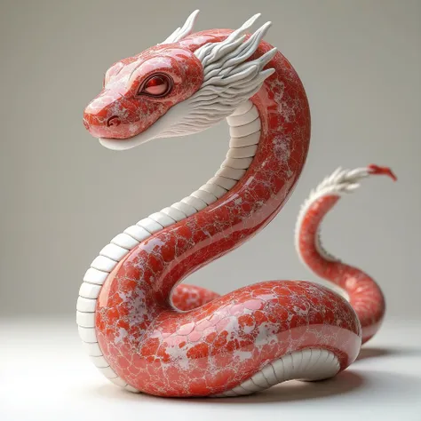 A conceptual design of a sculpture themed around the Snake from the Chinese Zodiac, crafted from luxurious red and white marble. The sculpture features a graceful, sinuous form that captures the essence of the snake, with elegant curves and flowing lines t...