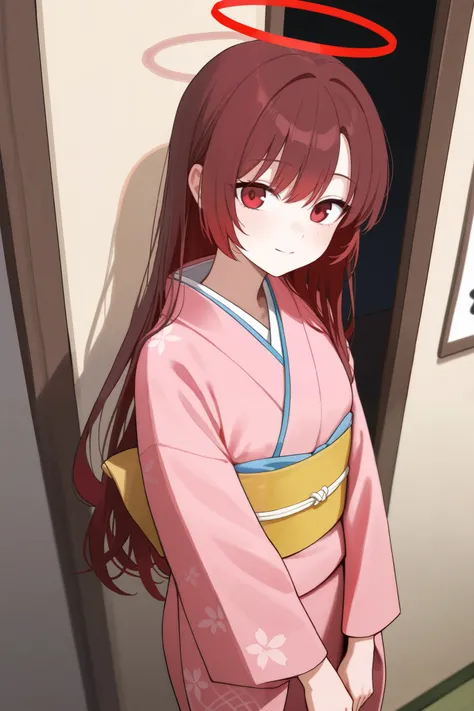 1 girl, Hair length reaches the back, Brown hair and red hair on the edges of the hair, red eyes, but not bright, wear a kimono suit, หน้าอกไซส์ปานกลาง, have a red halo