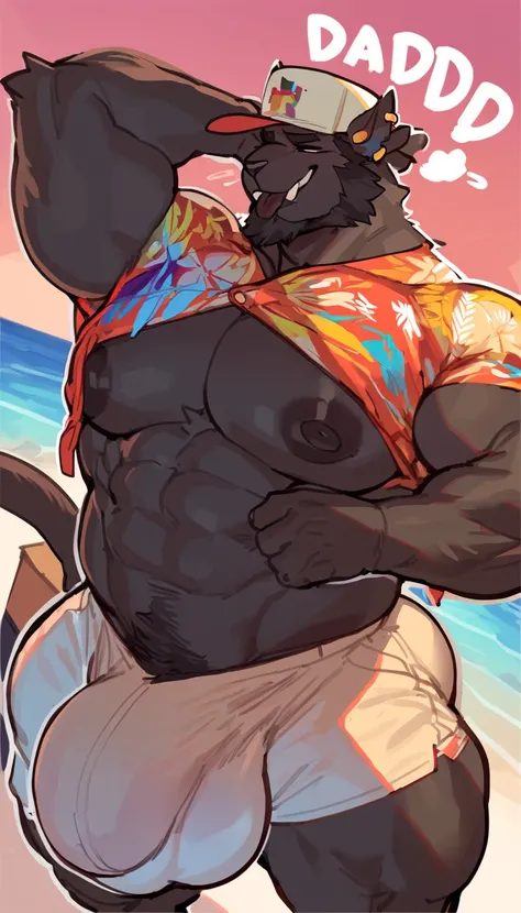 Black bara cat, (((two bara cats))) standing behind eachother, black fur, very large pecs, po erfect physique, very beefy, perfect anatomy, masterpiece, black beard, strong jaw, giant pecs, hairy pecs, solo, great lighting, by bebebebe, by ZIXiong, by zack...