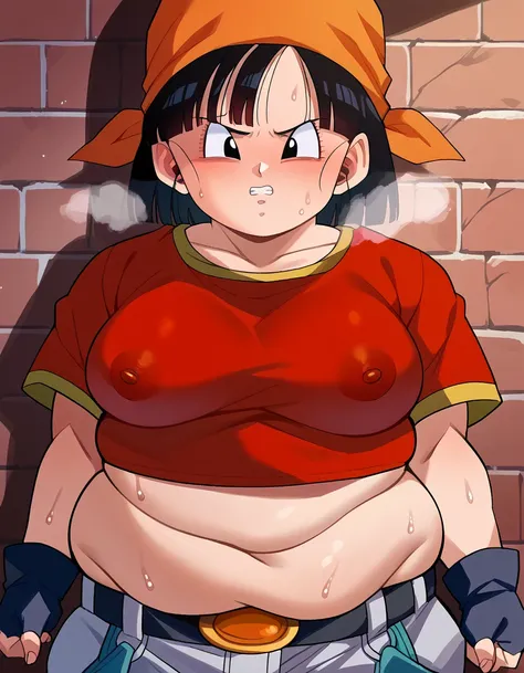  Dragon Ball Pan , Pan GT,  short hair,  black hair,  gloves, Short sleeve, black  gloves, belt,  pants, fingerless  gloves,  Black Eyes, Red Shirt, black belt,  bandana, orange  bandana, woman , grey  pants,  and watch the viewers,nsfw, vaginal intercours...