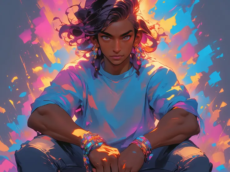 man, slim and athletic build, skin is dark, tanned, has dark hair, wavy slightly messy, hair shaved on the sides of the head, Fade Mullet haircut, eyes are big and expressive, dark eyes, wears a wide and contagious smile, dresses casually, a vibrant blue t...