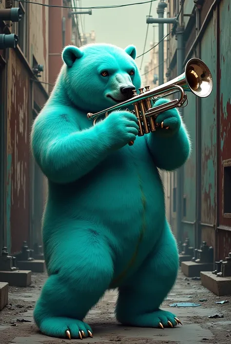 Industrial, Nu Jazz music CD album cover with flamboyant and snippy vibes featuring teal polar bear playing trumpet. The title reads "Teal Alpha".