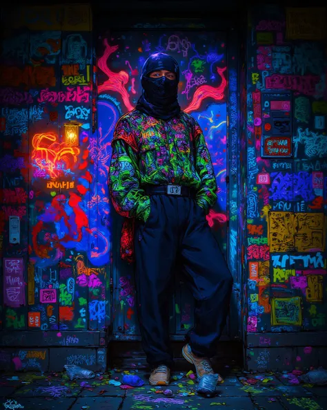  Spiritual art of a man graffiti artist at night in Tokyo, Graffiti on the wall , Balaclava completely covering the face ,  Art of rebellion moving at night , Graffiti tagging and bomb ,urban art ,Tokyo Streets, Counter art , Level music ,Spray cans, Color...