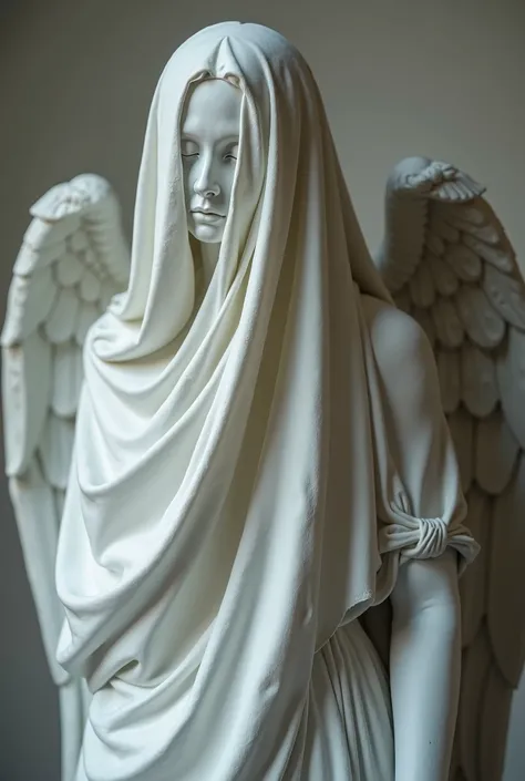 The statue of an angel covered by a cloth covers the angel's face and body the camera and from the waist up in the image 