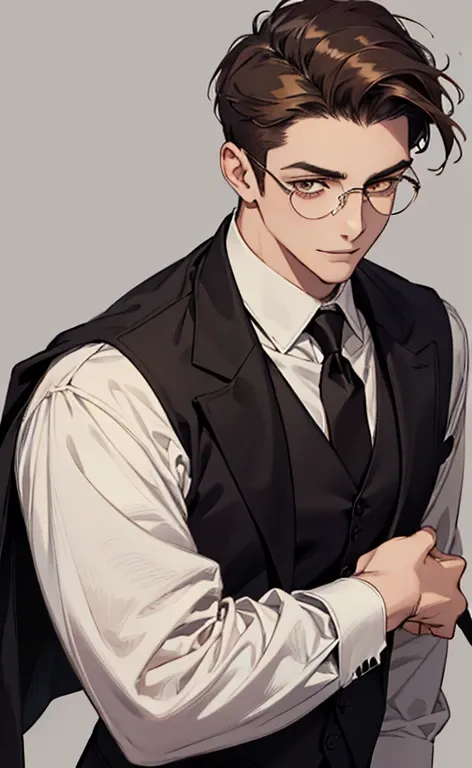 (masterpiece,best quality,ultra_detailed,highres,absurdres),1 mature male, 30-ish, (wide shoulder), (muscular), male focus, solo, brown undercut hair, chain, shirt, black necktie, necktie, simple background, yellow eyes, upper body, vest, short hair, looki...