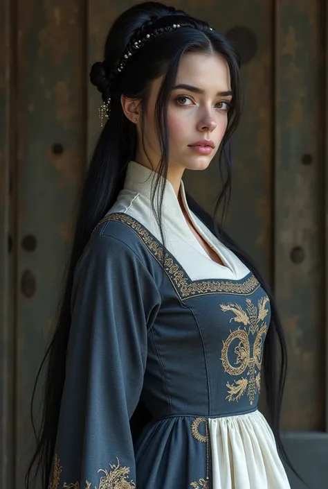 Create a woman the house of Stark, straight black hair, amber colored eyes, realistic, a dress inspired by Vincentian fashion, with a Japanese kimono neckline. The dress is made of gray silk, the skirt and sleeves have white velvet, the skirt is embroidere...