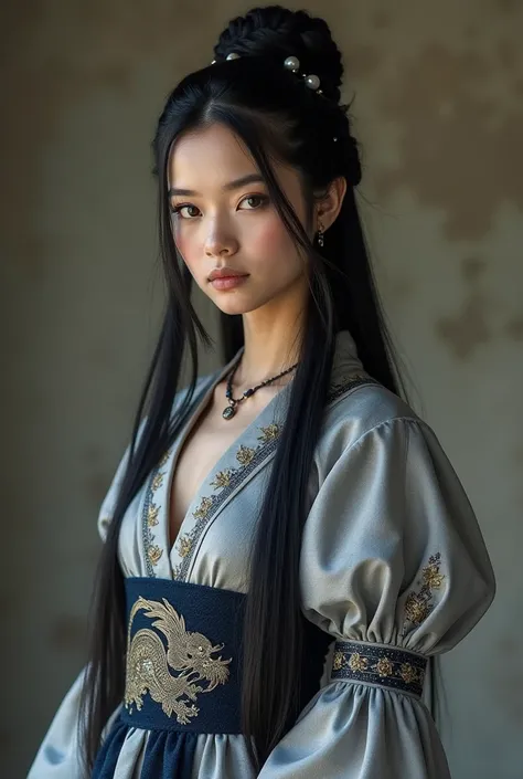 Create a woman the house of Stark, straight black hair, amber colored eyes, realistic, a dress inspired by Vincentian fashion, with a Japanese kimono neckline. The dress is made of gray silk, the skirt and sleeves have white velvet, the skirt is embroidere...