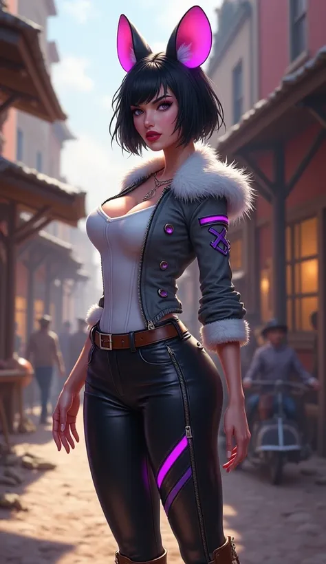 I would like a mature woman with small gray mouse ears on her head, short black hair, visually very beautiful. She wears lipstick, eyeliner, earrings, and a necklace. She has a gray jacket with purple neon details and white fur around the collar, with a wh...