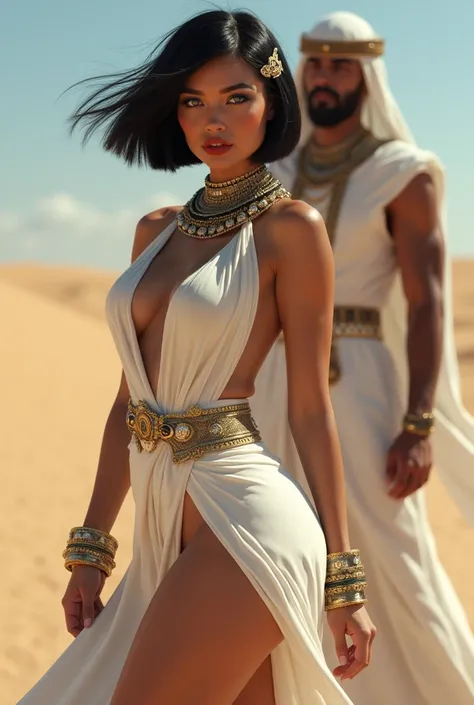 Sexy Egyptian woman green eyes short cut black hair Chanel hair jewelry in the hair blue makeup black contour around the eyes red lipstick white dress with neckline big boobs thick thighs Egyptian necklace on the neck and Egyptian bracelets on the arms wit...