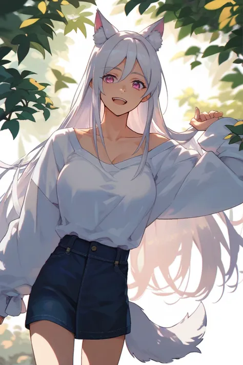 anime, woman,  white hair, straight hair, slender body,  medium breasts, dark pink eyes,  long hair,  casual wear,  Comfortable clothing , kind, quudere, happy, White wolf ears and tail