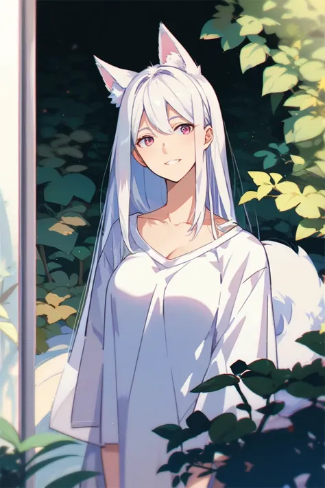 anime, woman,  white hair, straight hair, slender body,  medium breasts, dark pink eyes,  long hair,  casual wear,  Comfortable clothing , kind, quudere, happy, White wolf ears and tail