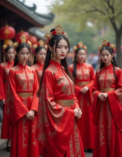 Eight young women, wearing long fantasy chinese clothes red cloth trousers, seven of them in fantasy characters, with text writing GONG , real photos, real life people, 16K HDR, perfect faces, photos taken from the front in a downtown fantasy land