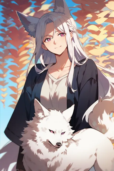 anime, woman,  white hair, straight hair, slender body,  medium breasts, dark pink eyes,  long hair,  casual wear,  Comfortable clothing , kind, quudere, happy, White wolf ears and tail