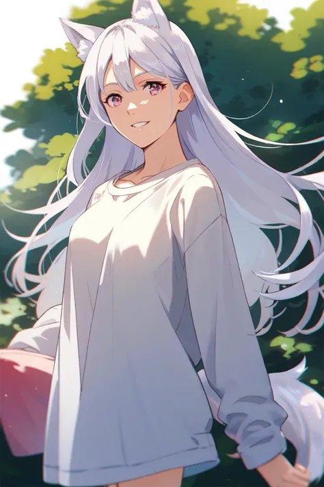 anime, woman,  white hair, straight hair, slender body,  medium breasts, dark pink eyes,  long hair,  casual wear,  Comfortable clothing , kind, quudere, happy, White wolf ears and tail