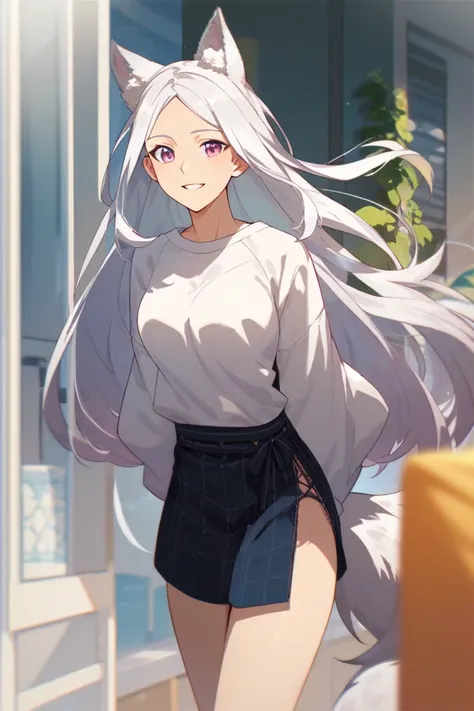 anime, woman,  white hair, straight hair, slender body,  medium breasts, dark pink eyes,  long hair,  casual wear,  Comfortable clothing , kind, quudere, happy, White wolf ears and tail