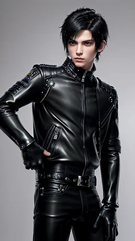 ((Final fantasy taste and reality graphics)), ((Japanese young cute and cool ikemen  boy)), his age is early 20s, thin eyebrows and beady eyes,, (((((boy wearing black color thick leather and single-brest double zipper jacket))))), ,(((((jacket is volumino...