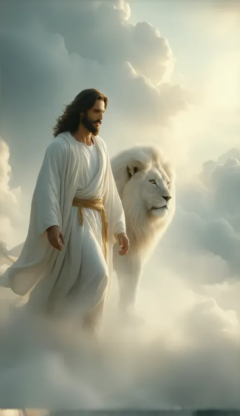 Highly detailed, ultra-realistic, 32k resolution, cinematic lighting, finely textured, intricate details, atmospheric depth, photo-realistic masterpiece, professional-grade composition.
A majestic and divine scene featuring Jesus Christ walking on etherea...