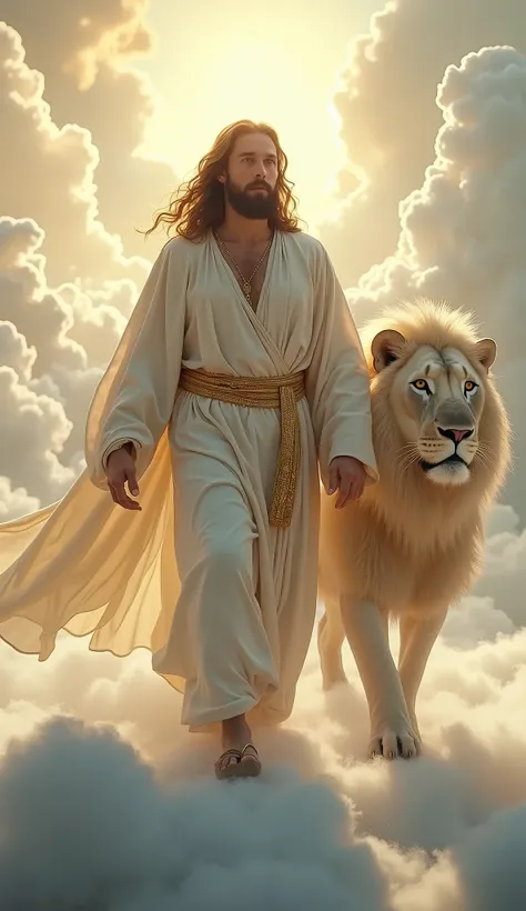 Highly detailed, ultra-realistic, 32k resolution, cinematic lighting, finely textured, intricate details, atmospheric depth, photo-realistic masterpiece, professional-grade composition.
A majestic and divine scene featuring Jesus Christ walking on etherea...