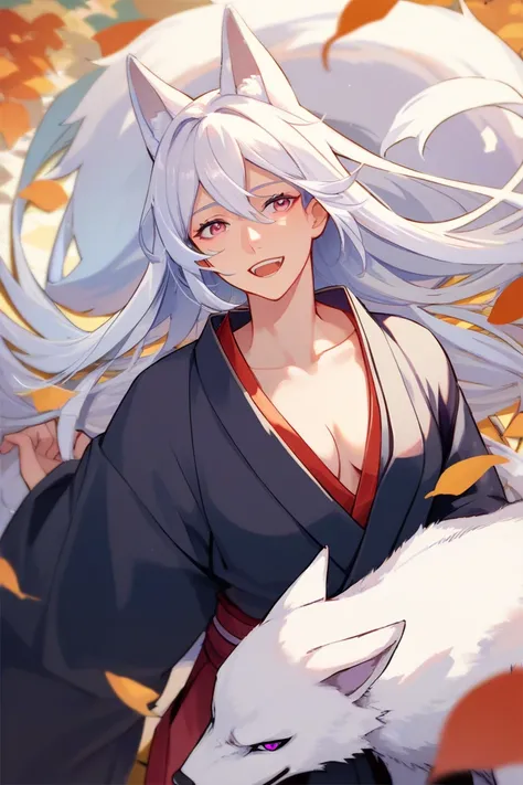 anime, woman,  white hair, straight hair, slender body,  medium breasts, dark pink eyes,  long hair, Traditional Japanese clothing, kind, quudere, happy, White wolf ears and tail