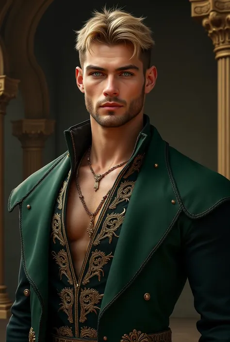 Realistic image of a tall, athletic and handsome young man of Thai nationality with short blond hair, small beard and blue eyes, wearing black, green and expensive medieval clothes.