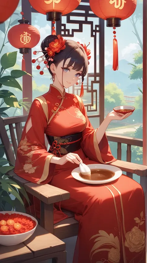 A young woman in a red Chinese dress embroidered with gold sits in a teahouse. She holds a festive decoration along with a bowl of festive sweets, a tea set, and wooden furniture. The background features intricately carved wooden panels, bamboo decorations...