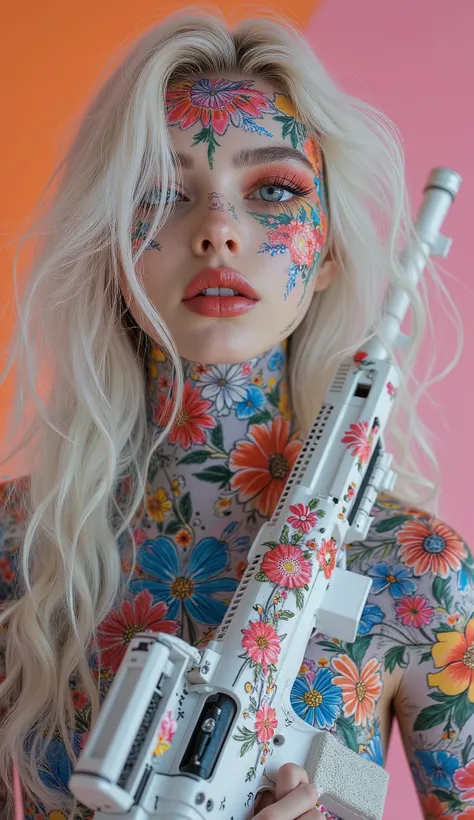 ((hyperrealistic full body)), a young teen girl with colorful, detailed flowers painted or tattooed on her face and body, neck, shoulders, and waist. ((symmetrical waist)), a model's pose, her face is in focus, and is a white hue evoking fine porcelain. He...