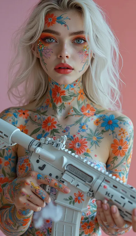 ((hyperrealistic full body)), a young teen girl with colorful, detailed flowers painted or tattooed on her face and body, neck, shoulders, and waist. ((symmetrical waist)), a model's pose, her face is in focus, and is a white hue evoking fine porcelain. He...