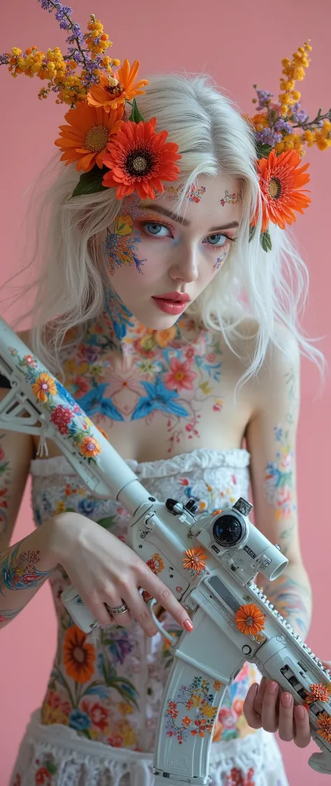 ((hyperrealistic full body)), a young teen girl with colorful, detailed flowers painted or tattooed on her face and body, neck, shoulders, and waist. ((symmetrical waist)), a model's pose, her face is in focus, and is a white hue evoking fine porcelain. He...