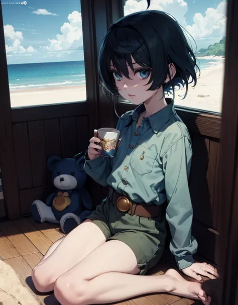 an anime style female character with a book and cup by the window,  1girl , cup, ocean, cloud, book, sitting, day, shirt, short hair, sky, beach, blue eyes, Alone, collared shirt, looking at viewer, stuffed toy, shorts, stuffed animal, holding, outdoors, b...