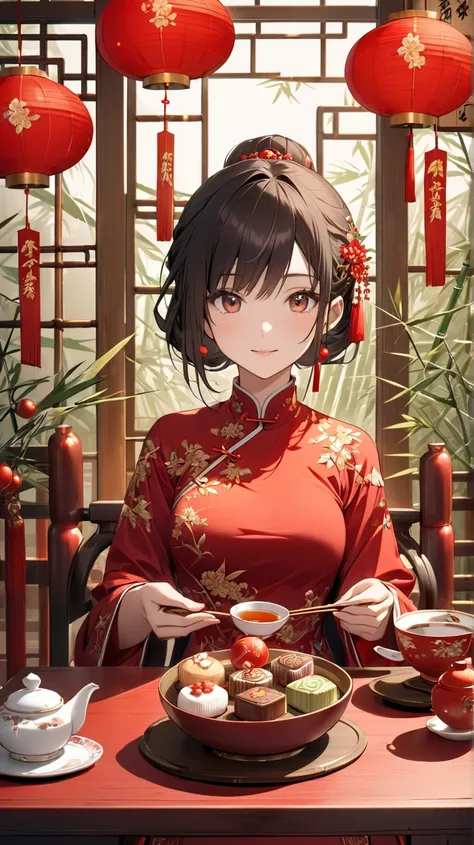 A young woman in a red Chinese dress embroidered with gold sits in a teahouse. She holds a festive decoration along with a bowl of festive sweets, a tea set, and wooden furniture. The background features intricately carved wooden panels, bamboo decorations...