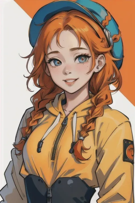 ((Masterpiece)), ( top quality), ( movie), (masterpiece),  1 girl,  cute, Princess with teardrop pupils、 street fashion 、 zip hoodie、hat、 Orange Hair、 braided hair、 upper body、 smiling 、