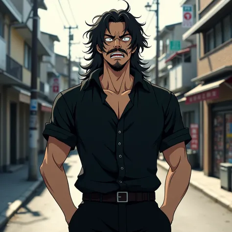  Create an image of a man in a black blouse and pants with his hands in his pockets ,  expressing an insane anger on his face WITH HIS TOTALLY WHITE EYES,  long and messy hair , He wears a mustache he is very muscular ,  the background will be on a street ...