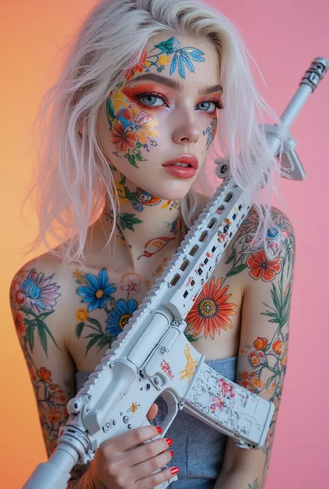 ((hyperrealistic full body)), a young teen girl with colorful, detailed flowers painted or tattooed on her face and body, neck, shoulders, and waist. ((symmetrical waist)), a model's pose, her face is in focus, and is a white hue evoking fine porcelain. He...