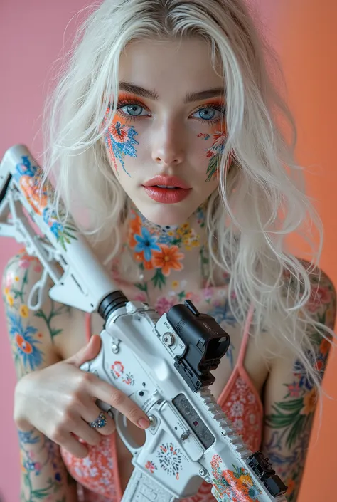 ((hyperrealistic full body)), a young teen girl with colorful, detailed flowers painted or tattooed on her face and body, neck, shoulders, and waist. ((symmetrical waist)), a model's pose, her face is in focus, and is a white hue evoking fine porcelain. He...