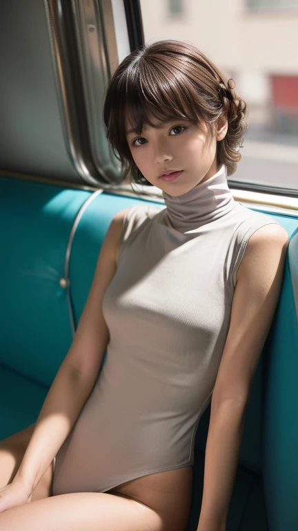 Fashion model girl sitting on sofa on 1950s transcontinental bus ,Drooping,(nsfw:1.6), ((Cinema Lighting),( natural light),(High Artistic Quality),( Artistic ),( Genuineと見分けがつかない ), RAW photos in the loop,Genuine,Genuine, high resolution, RAW photos in the...