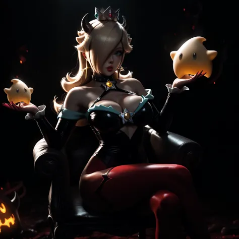 Princess Rosalina as a devil, super Mario Bros, Princess Rosalina, devil, busty devil, (((in a hell))), Hot cleavage, (((devil costume))), crossed legs in sexy pose, sit down,