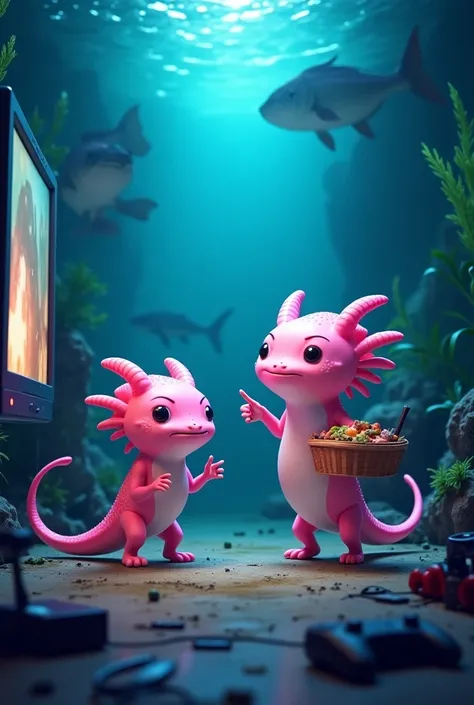 "A pink axolotl mom with a caring but stern expression swims into the room. She points toward the screen while holding a basket of food, looking worried. The dad axolotl crosses his arms, glaring at little Axolotl, who looks guilty. The underwater room is ...