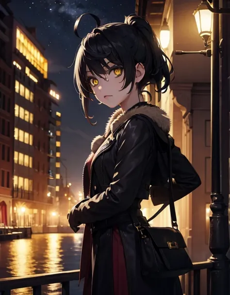 Night, port, ships, sea, girl, black hair, two side up hair, yellow eyes,