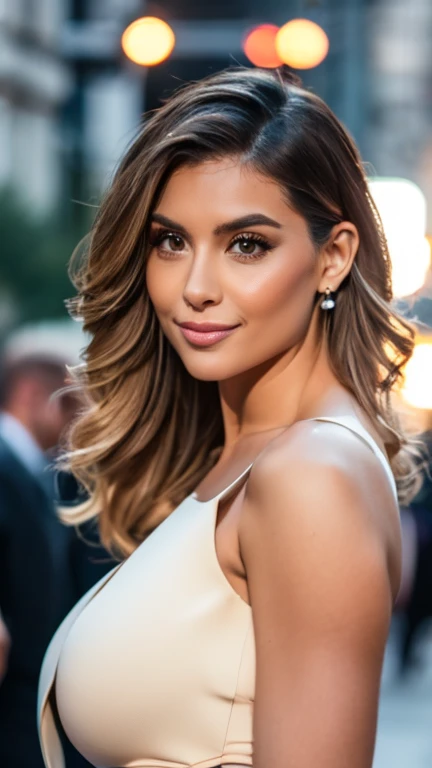 Create a realistic 34-year-old woman,  with long hair, wavy in light brown tones with highlights of honey blonde and light brown, using light makeup that highlights your big eyes, a Latin woman and a bright smile, large breasts,  thin waist,  big ass .  Sh...