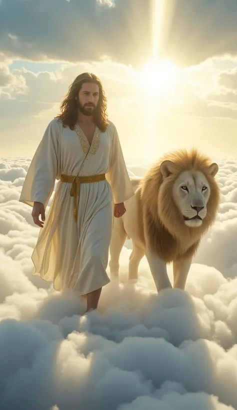 Highly detailed, ultra-realistic, 32k resolution, cinematic lighting, finely textured, intricate details, atmospheric depth, photo-realistic masterpiece, professional-grade composition.
A majestic and divine scene featuring Jesus Christ walking on etherea...