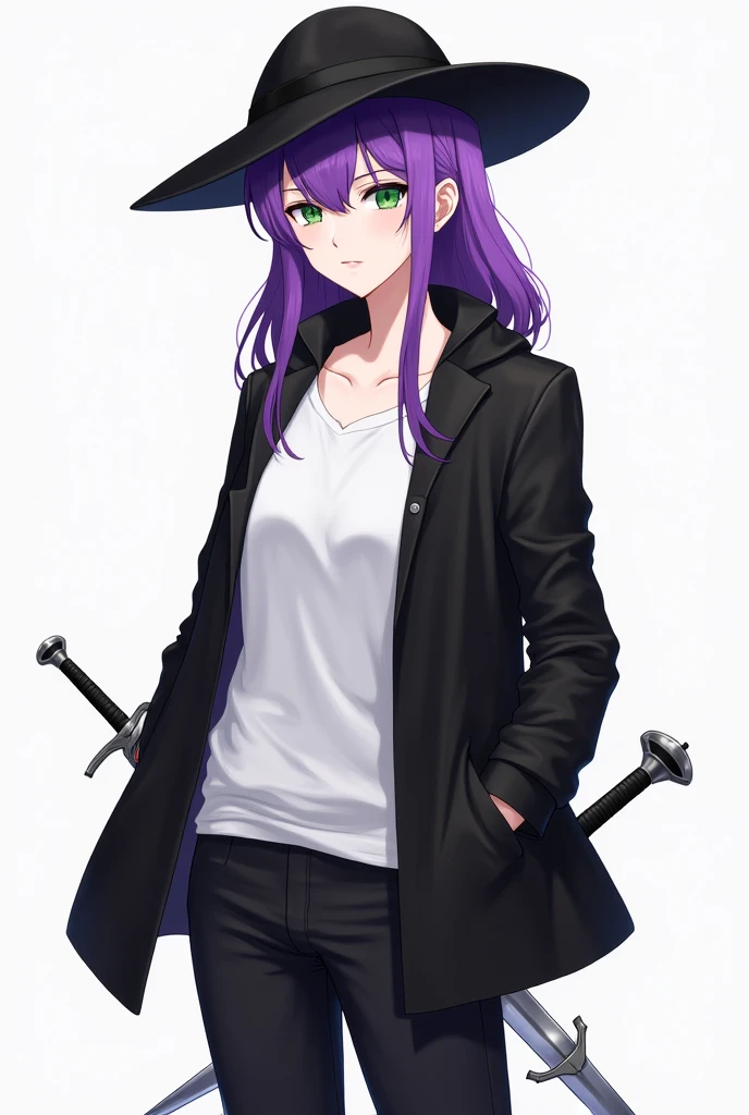  anime girl ,  fair skin ,  triangular black hat,  purple hair,  green eyes,  black overcoat ,  white t-shirt, black pants,  black boots, Rapieira silver .
