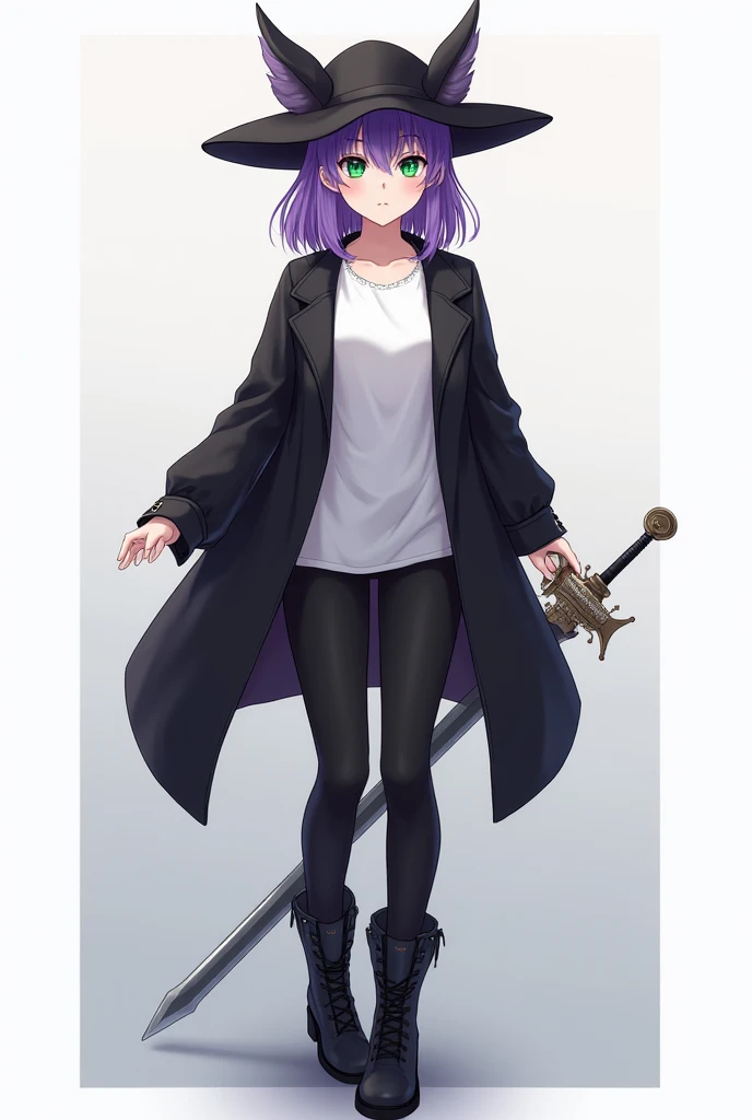  anime girl ,  fair skin ,  triangular black hat,  purple hair,  green eyes,  black overcoat ,  white t-shirt, black pants,  black boots, Rapieira silver .
