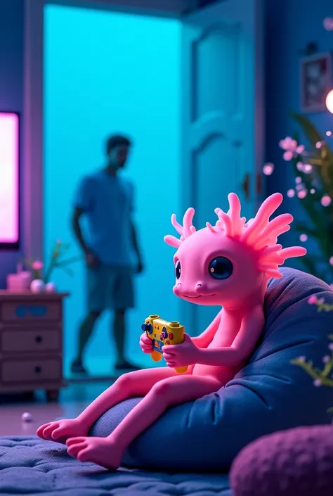 An underwater-themed bedroom with a glowing gaming setup. A  little pink axolotl with fluffy gills sits on a beanbag, holding a colorful gaming controller. Surrounding the room are aquatic plants and floating bubbles, with a faint silhouette of his dad—a l...