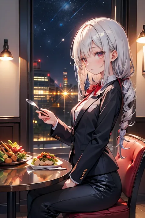 best quality, high definition, 16k, very detailed, 2.5D, woman(160cm tall、 silver straight hair(Bundle up at the back )、  red eyes ,  small breasts, Slim waist、 white business suit、Contemplation )、Meeting while eating at the table、 observe the subject from...