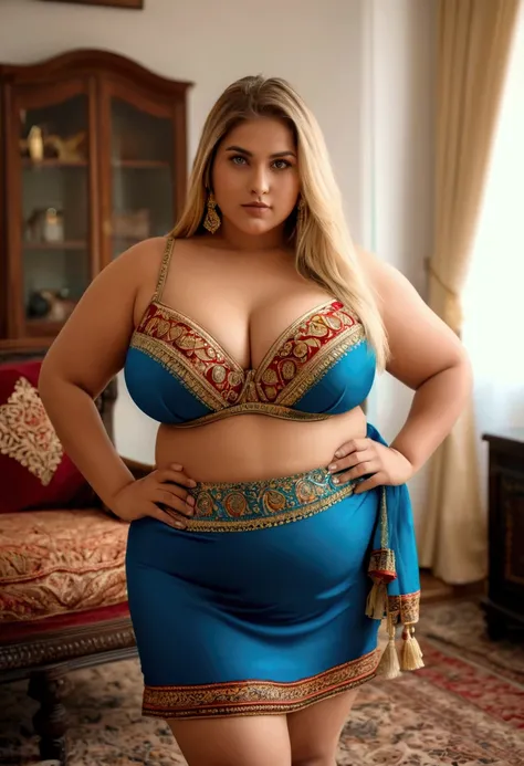 A beautiful thick plussize sexy woman with fair skin tone blue eyes long straight blond hair style wide hips thick thighs who is wearing indian attire lowwaist style mini gown with mini bra showing chubby belly thick thighs big breast strolling in living r...