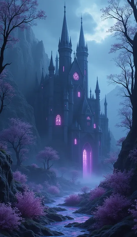 In a Crystal forest covered in a dark shadow on one side is a dark castle with tall towers and windows emitting purple light, surrounded by a moat of shadows. 3d pixar